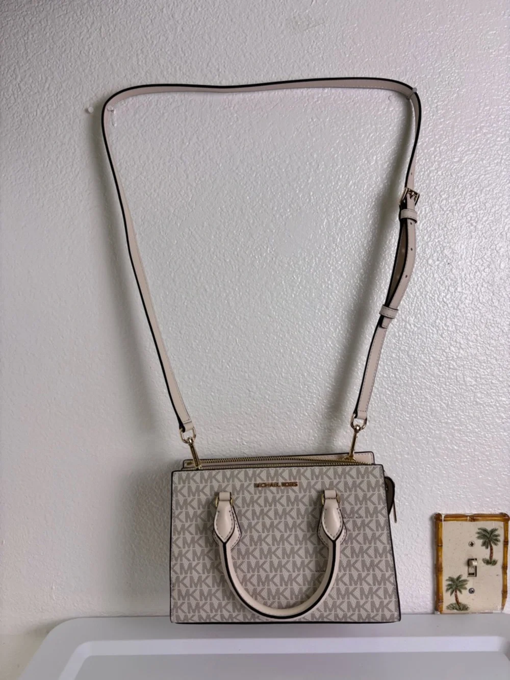 Michael Kors Sheila Small Satchel Light Cream Multi Logo Adjustable Strap